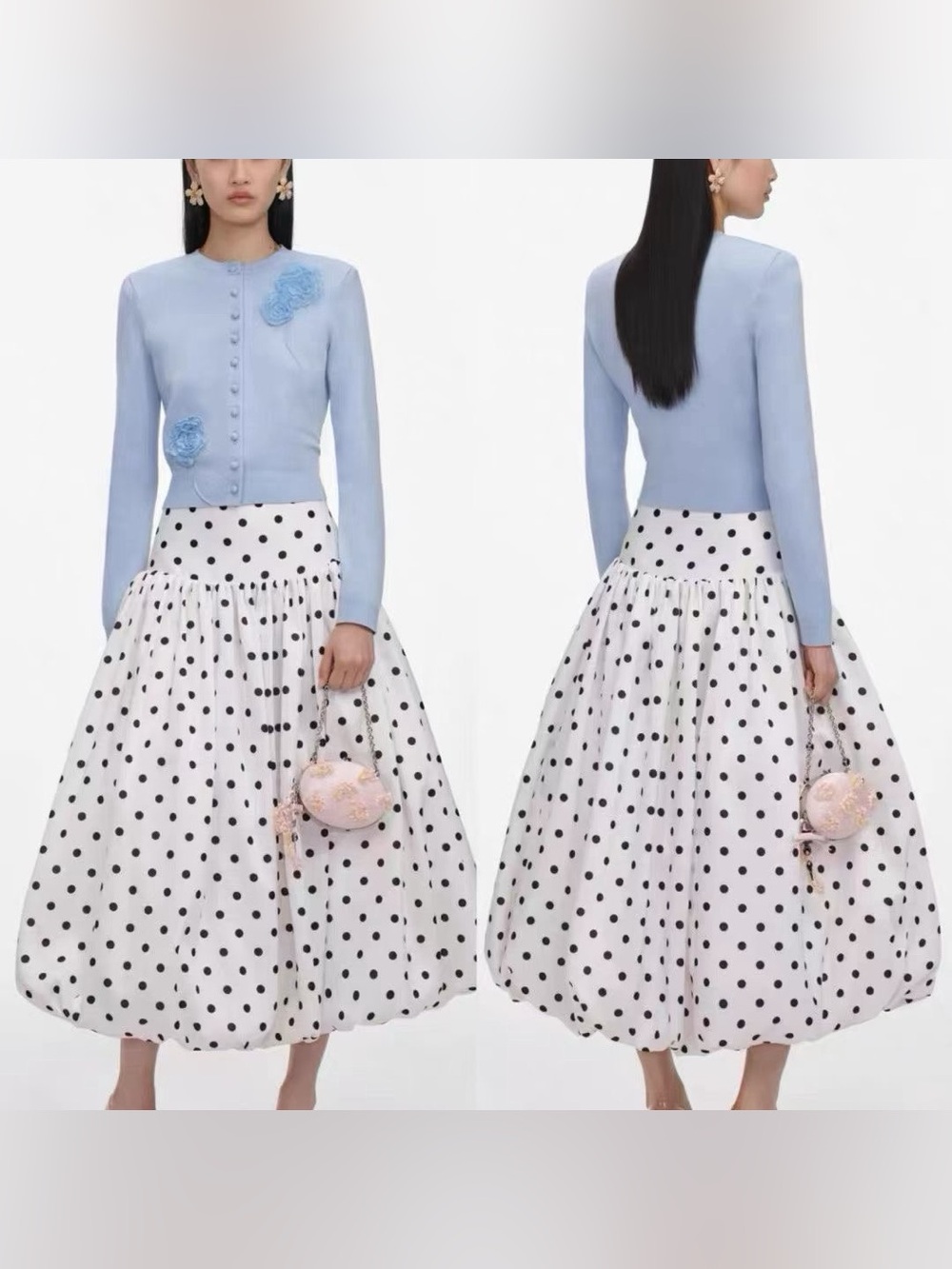 NWOT Self-Portrait Polka Dot Midi Balloon Skirt in White/Black, US 0/2/4/6/8